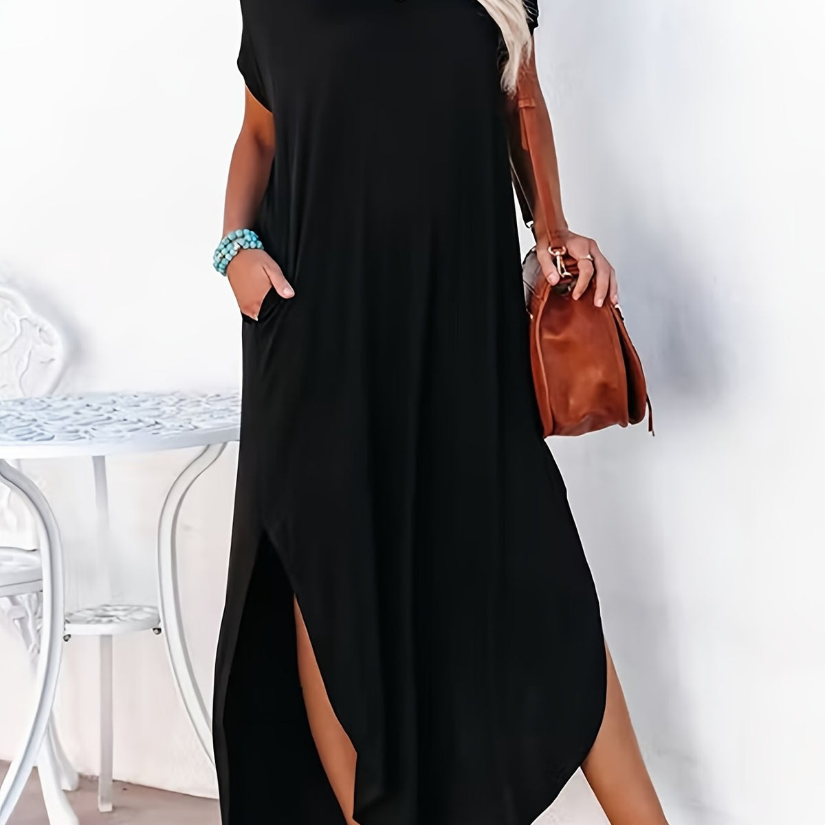 Short Sleeve Maxi Dress Crew Neck Side Slit Casual Dress Summer Spring