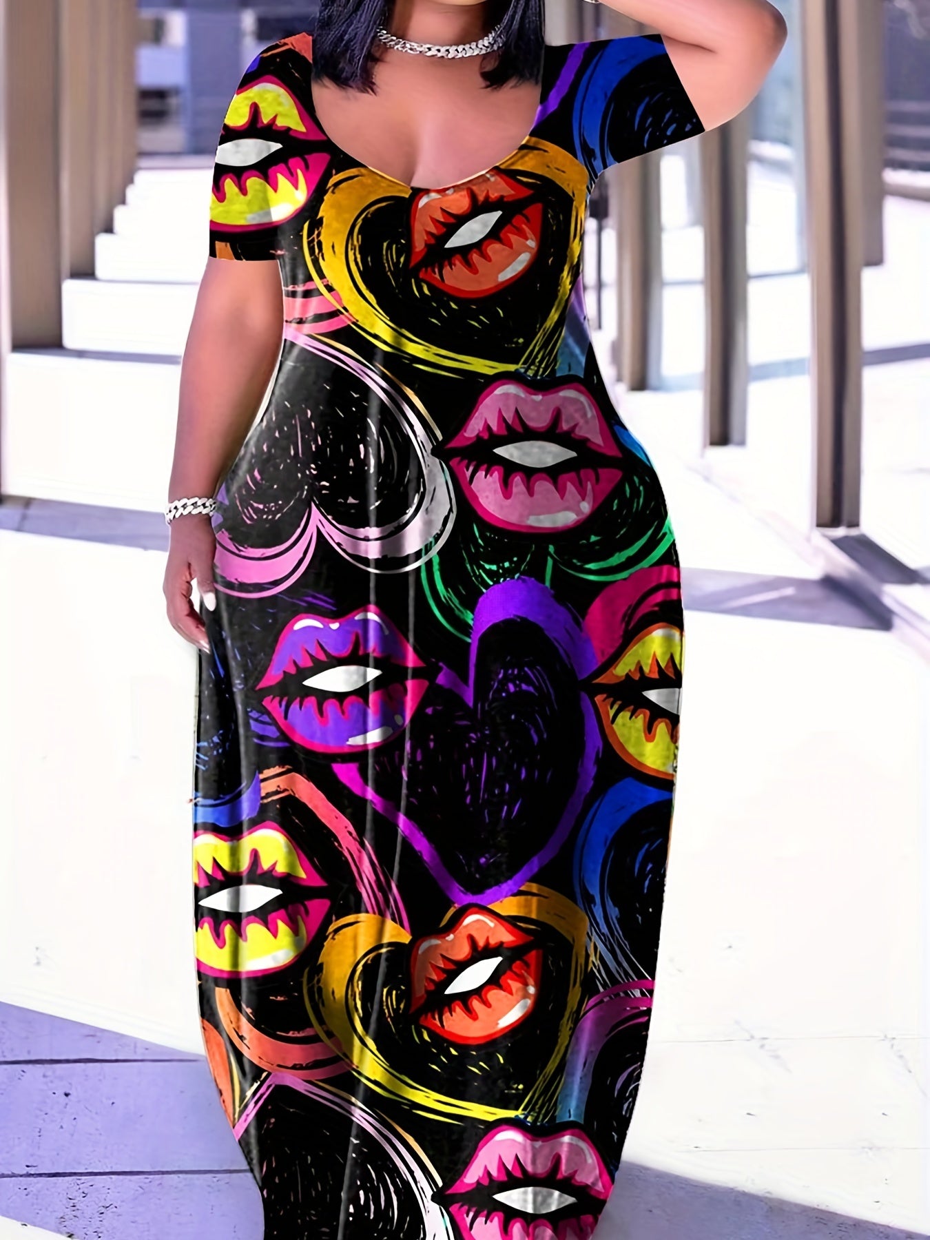  Casual Dress Women's Plus Letter & Heart Print Maxi Dress