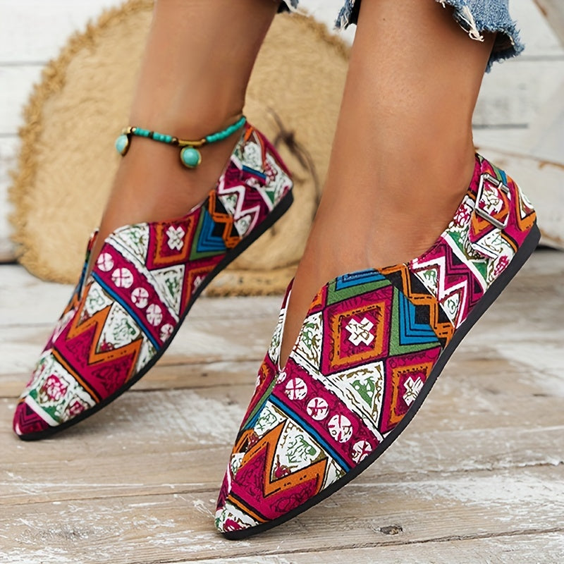 Women's Tribal Style Flat Shoes Pointed Toe Slip On Casual Canvas Flats
