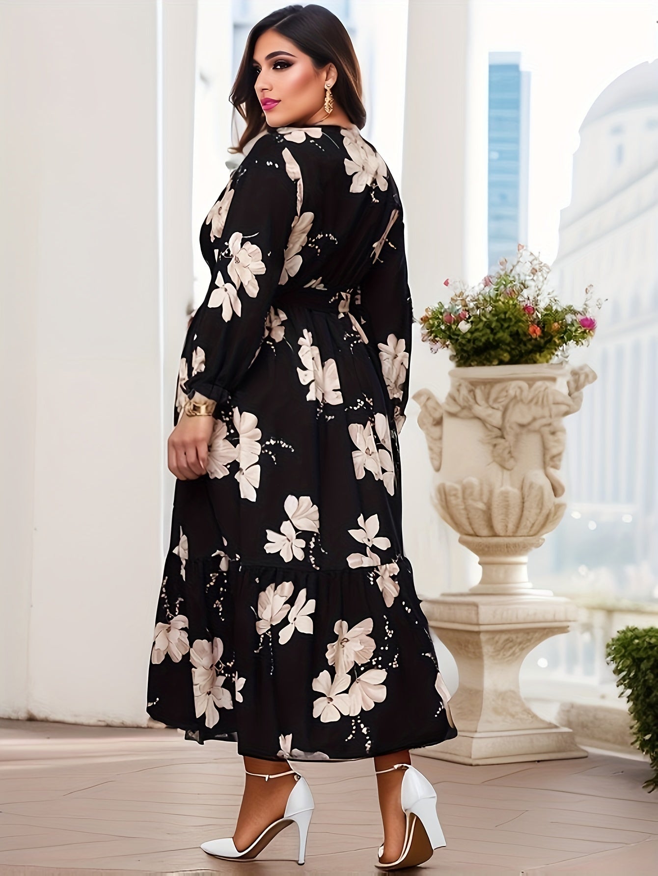 Floral Print Lantern Sleeve Smock Dress With Belt