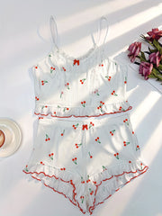 Cherry Print Pajama Set Lace Trim Cami Top & Ruffle Shorts