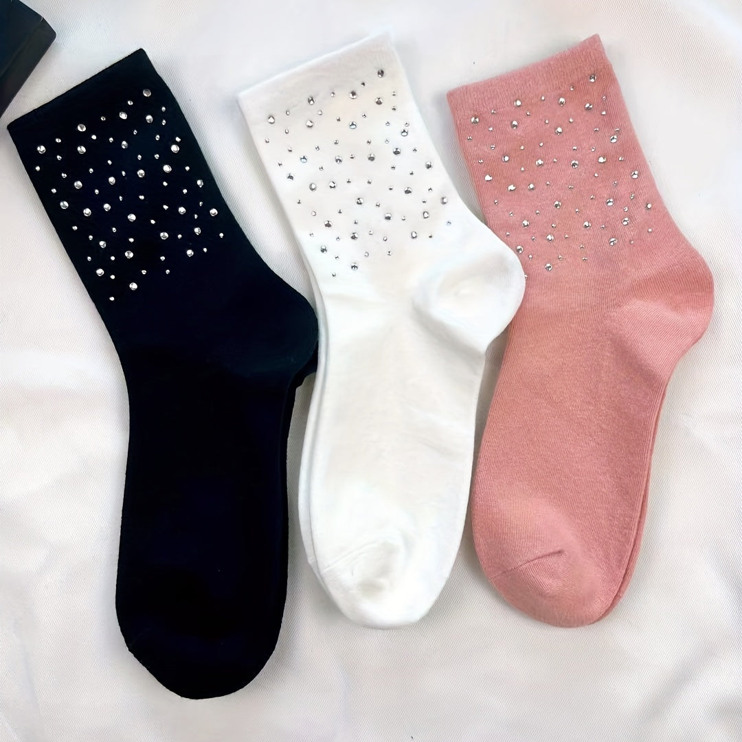 Rhinestone Decor Crew Socks Women's Stockings