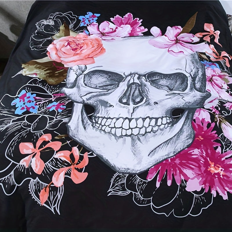 3D Skull Floral Print Duvet Cover Set Soft Comfortable Bedding Set