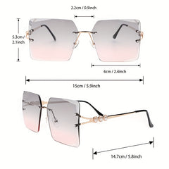 Oversized Rimless Sunglasses Summer Gradient Faux Pearl UV400 Sunnies