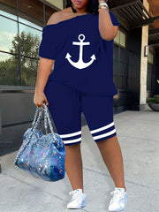 Women's Plus Anchor Print One Shoulder Top & Shorts Two Piece Set