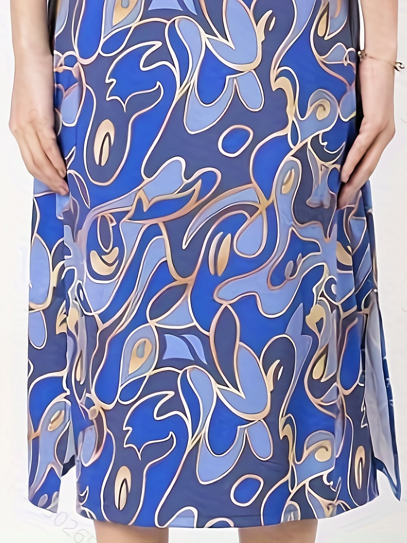 Abstract Print Cap Sleeve Stretch Split Dress