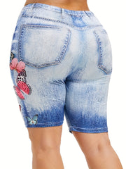  Denim & Butterfly Print High Rise Skinny Shorts