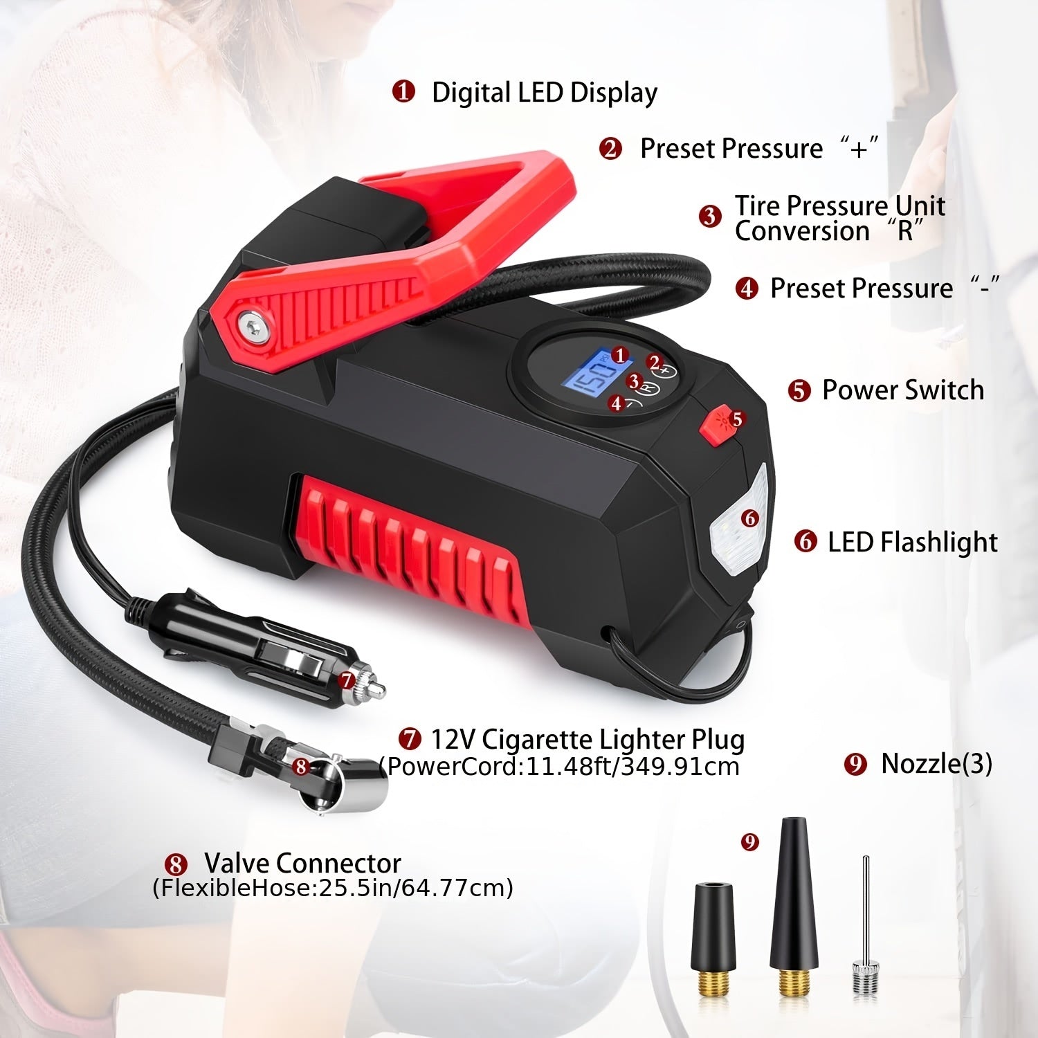 150 PSI Auto Air Compressor Tire Inflator Pump with Digital Display & Flashlight