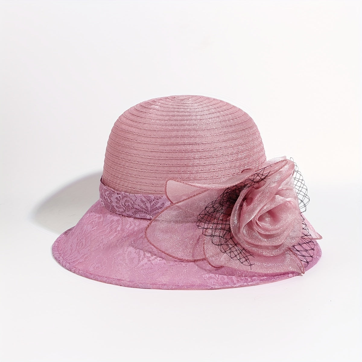 Embroidered Sun Hat Floral Decor Derby Hat Mesh Flower Bucket Hat