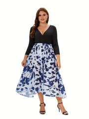  Colorblock Floral Print V Neck Midi Dress