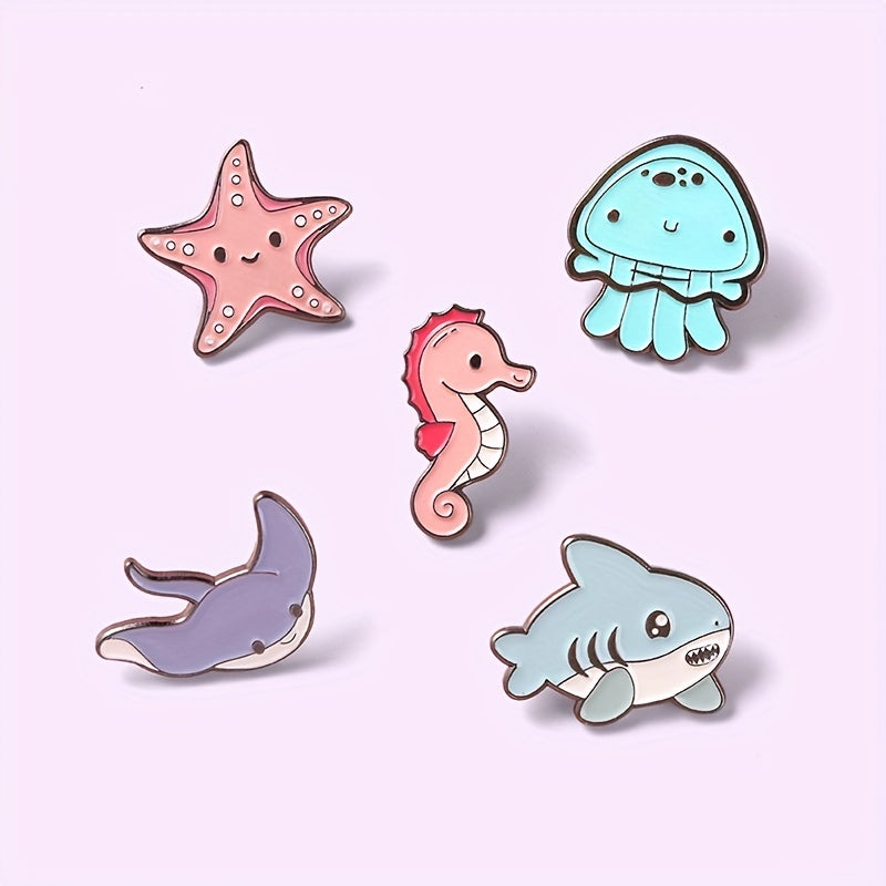 Enamel Marine Life Brooch Set Shark Jellyfish Seahorse Pins