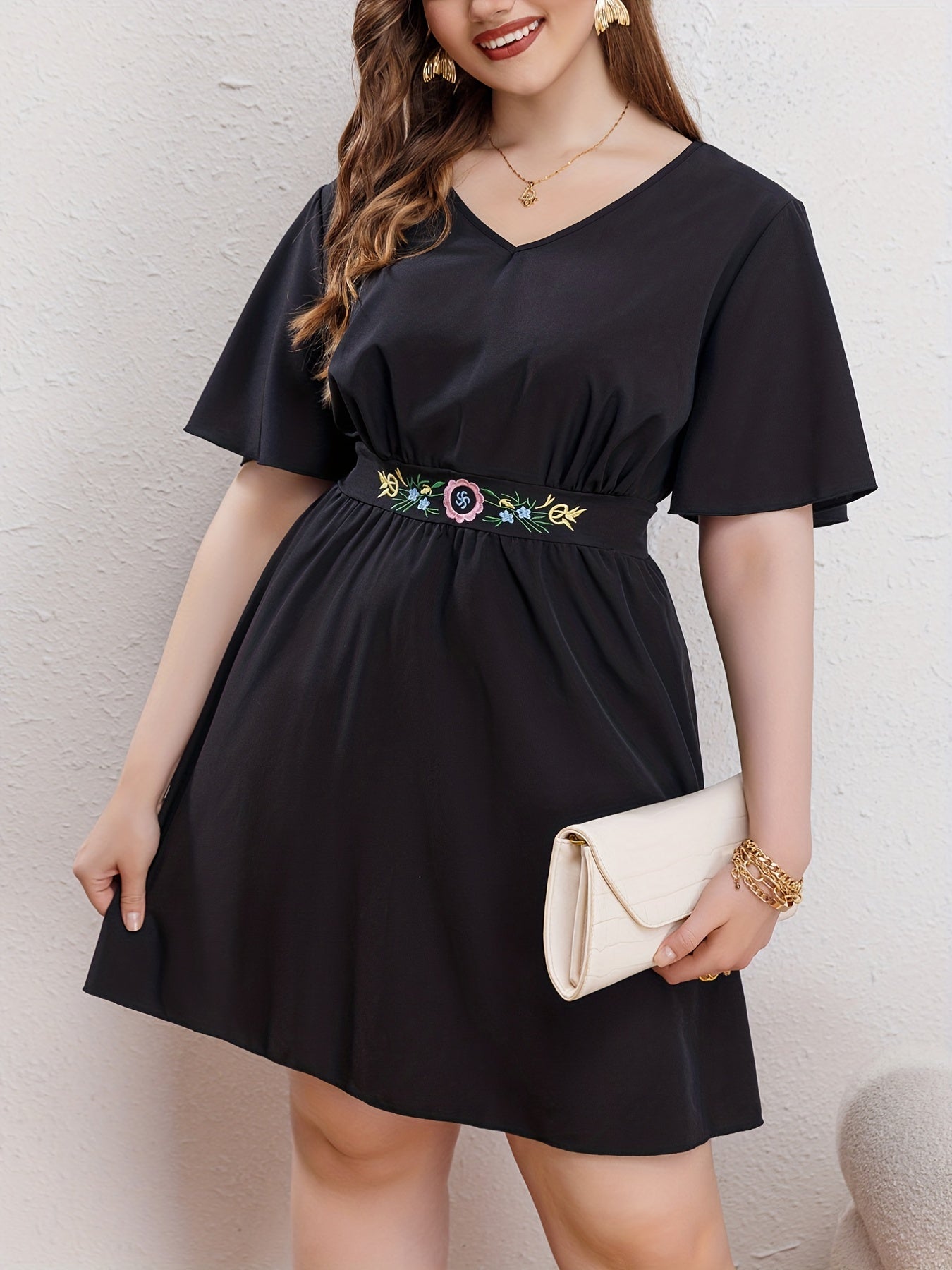  Floral Embroidered Ruffle Sleeve V Neck Dress