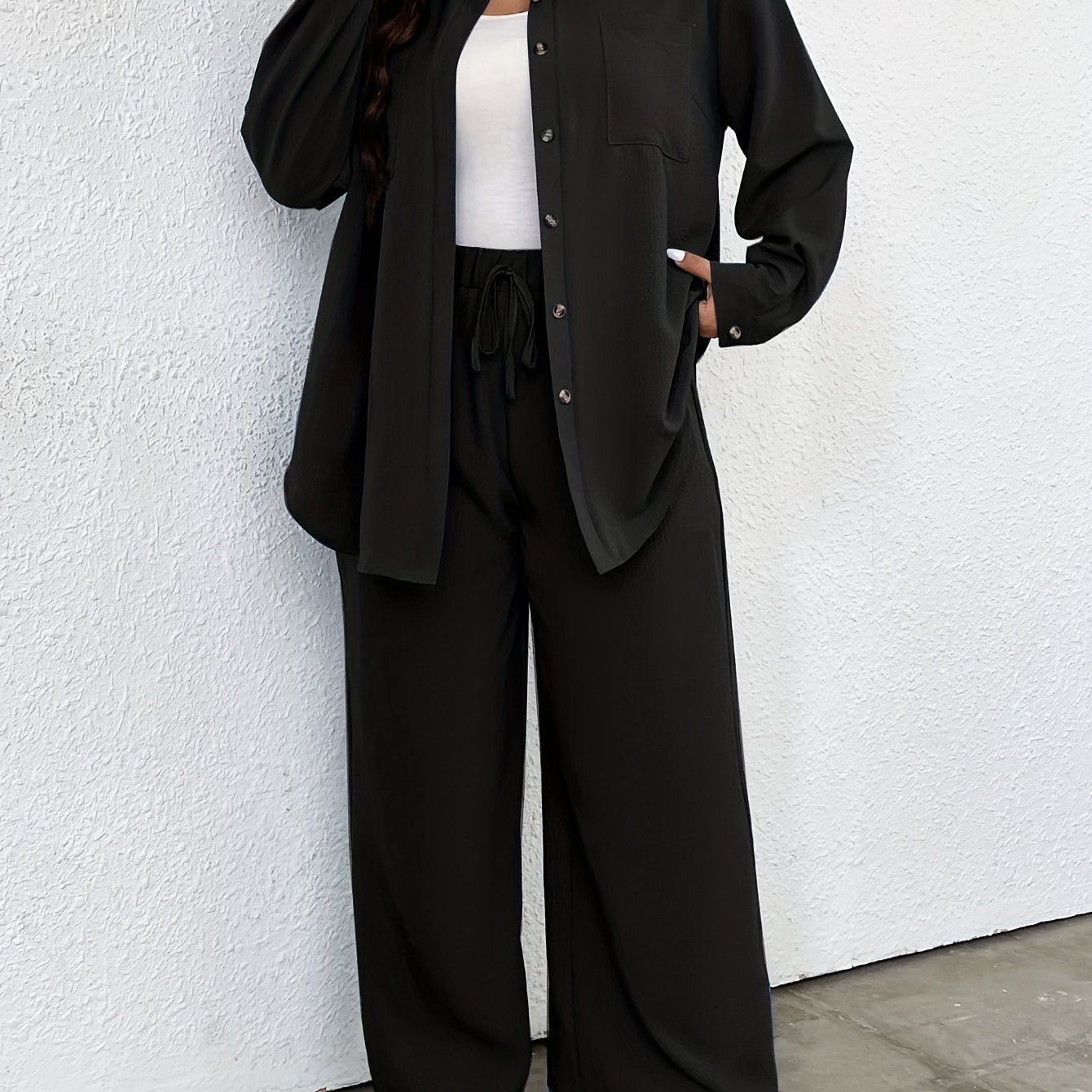  Casual Outfits Two Piece Set Solid Button Up Blouse & Wide Leg Pants