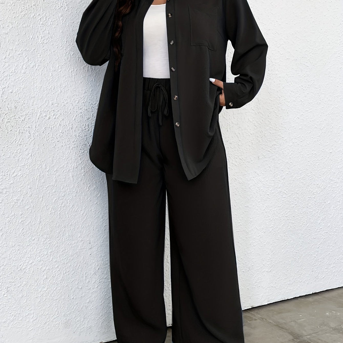  Casual Outfits Two Piece Set Solid Button Up Blouse & Wide Leg Pants