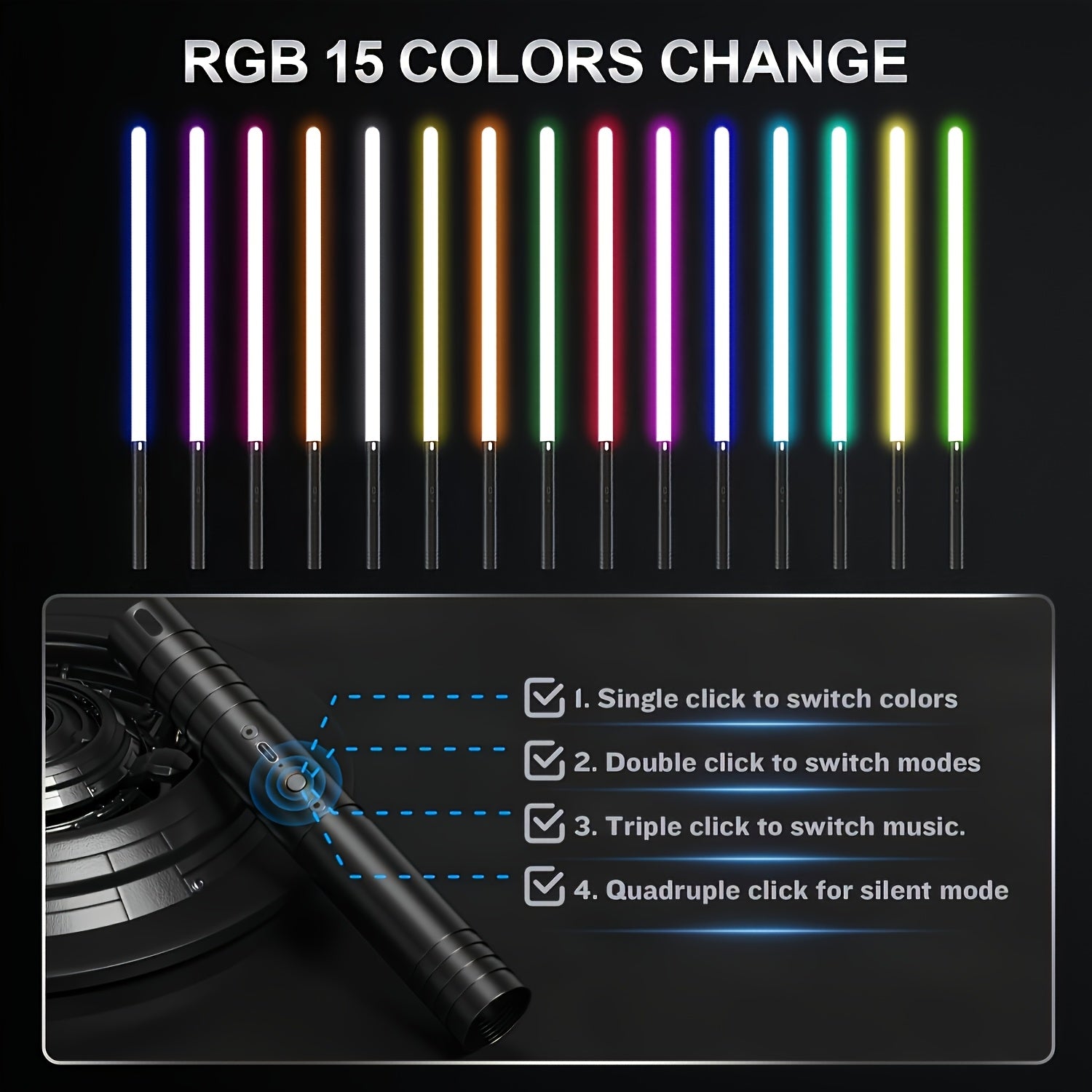 15 Colors Luminous Sword Metal Handle Rechargeable Dueling Sword 3 Sound Modes