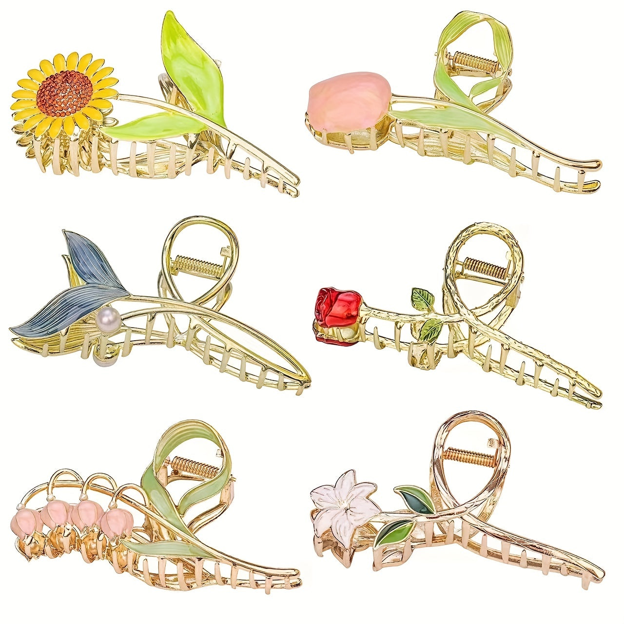 Flower Pattern Hair Claw Metal Tulip Sunflower Shark Claw Ponytail Holder