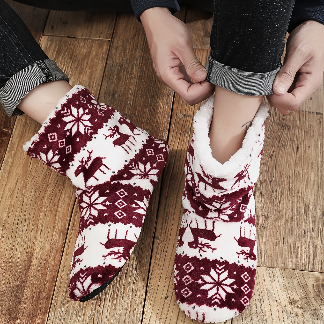 Men's Christmas Slipper Socks Elk Snowflake Pattern Fleece Thermal House Shoes