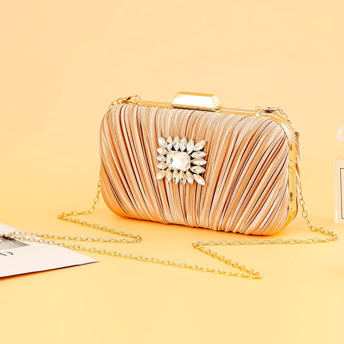 Pleated Rhinestone Chain Clutch Evening Bag
