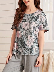 Floral Print Lounge Set Short Sleeve Top & Pants Women's Loungewear
