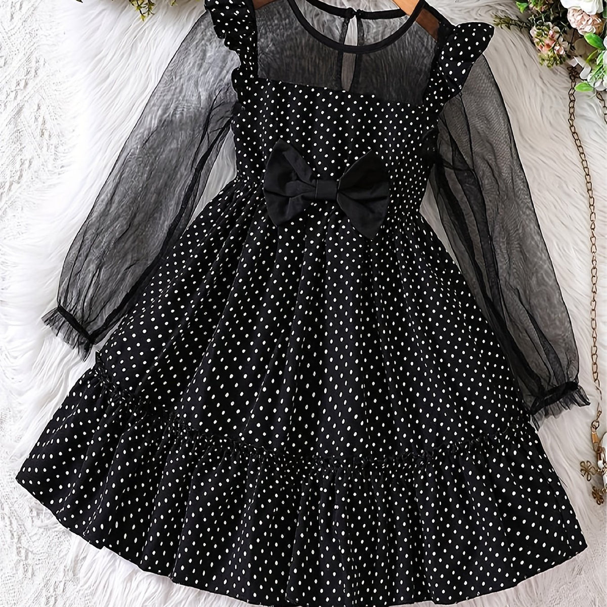 Girls Mesh Polka Dot Dress with Bow