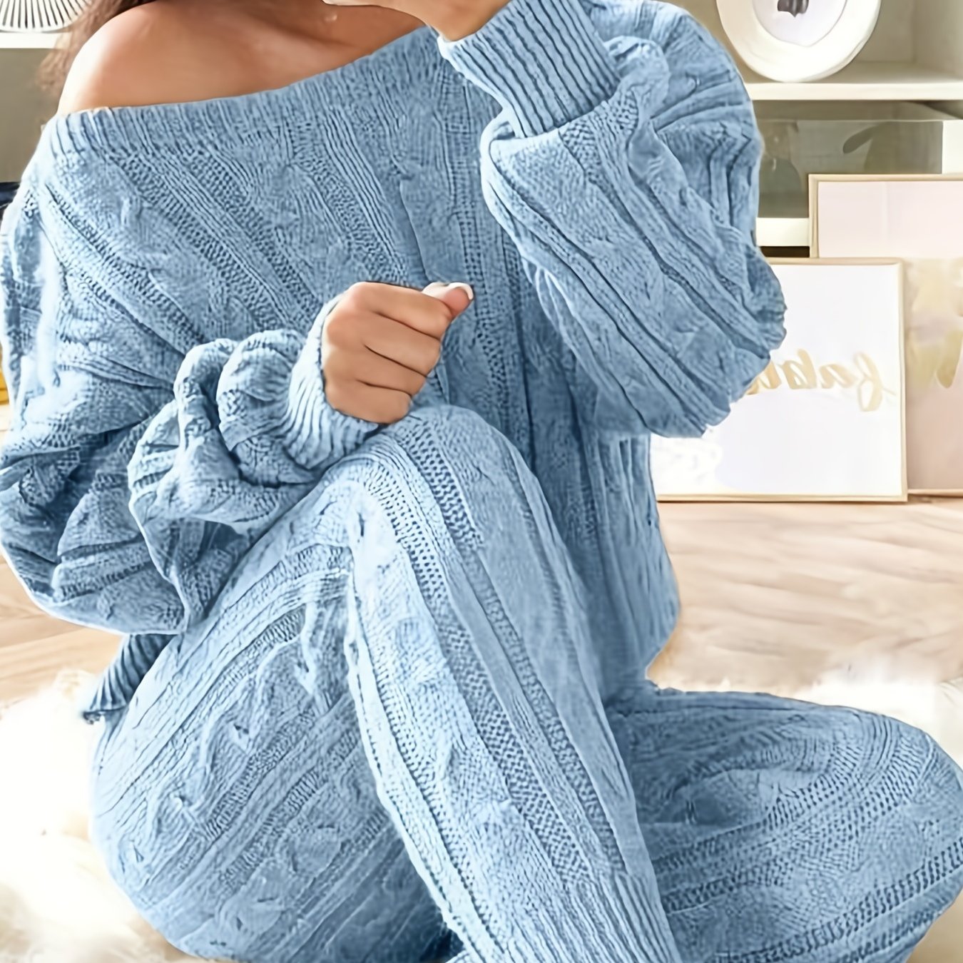  One Shoulder Cable Knit Jumper & Pants Set