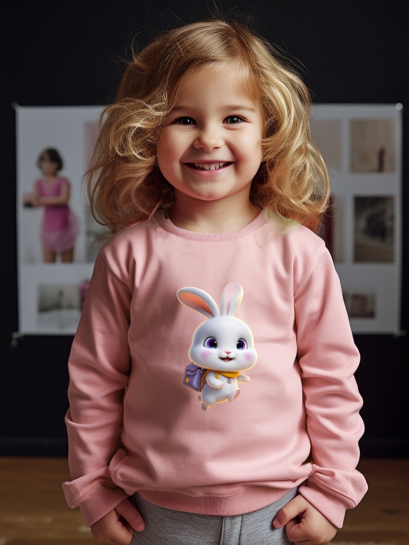 Rabbit Print Girls Casual Pullover Sweatshirt Crew Neck Tops