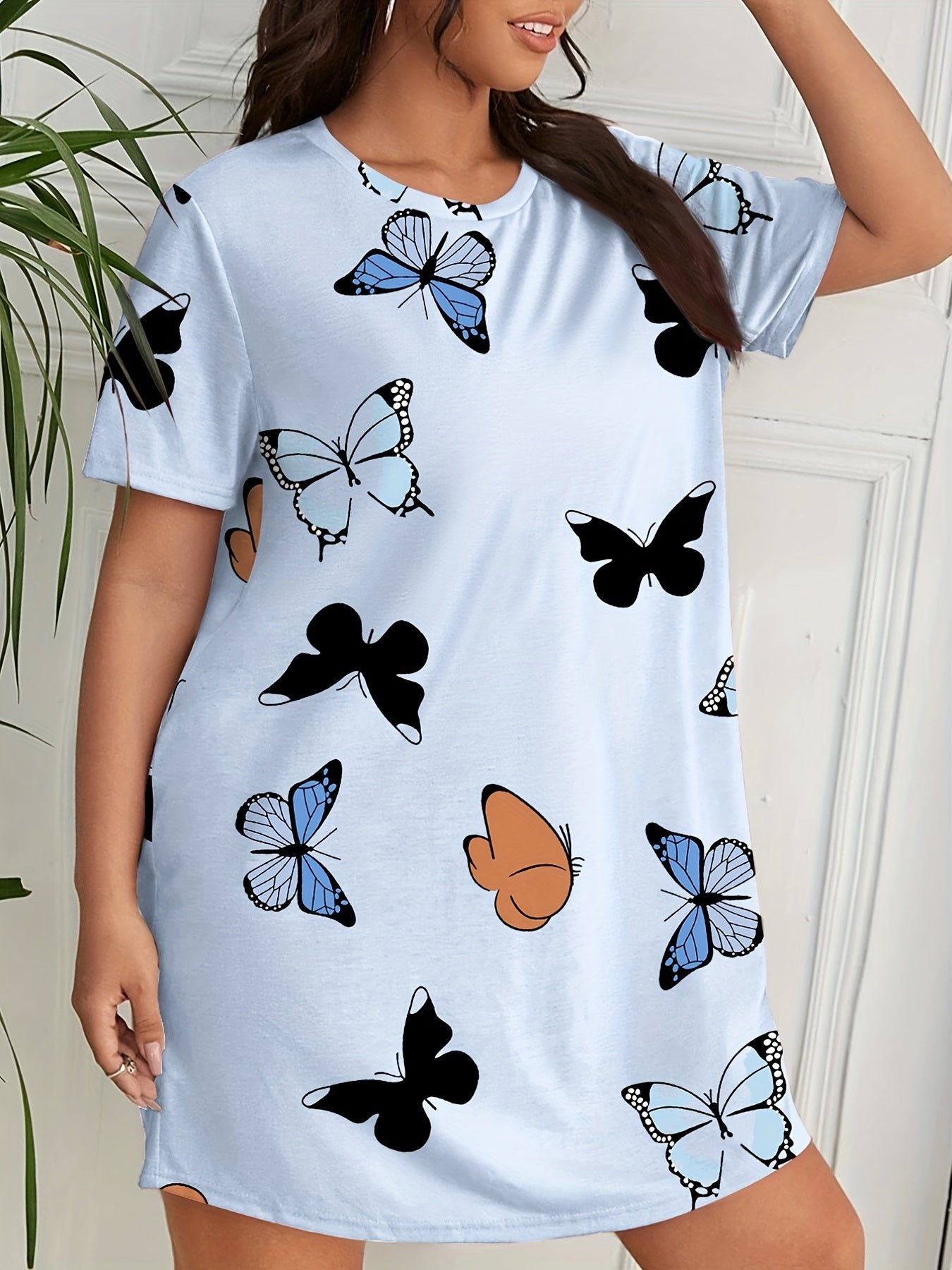  Butterfly Print Nightdress Short Sleeve Round Neck Sleep Dress