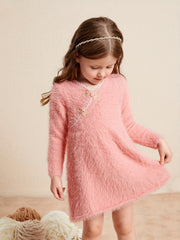 Girls V Neck Knitted Dress Long Sleeve Casual Dress Kids Spring Fall