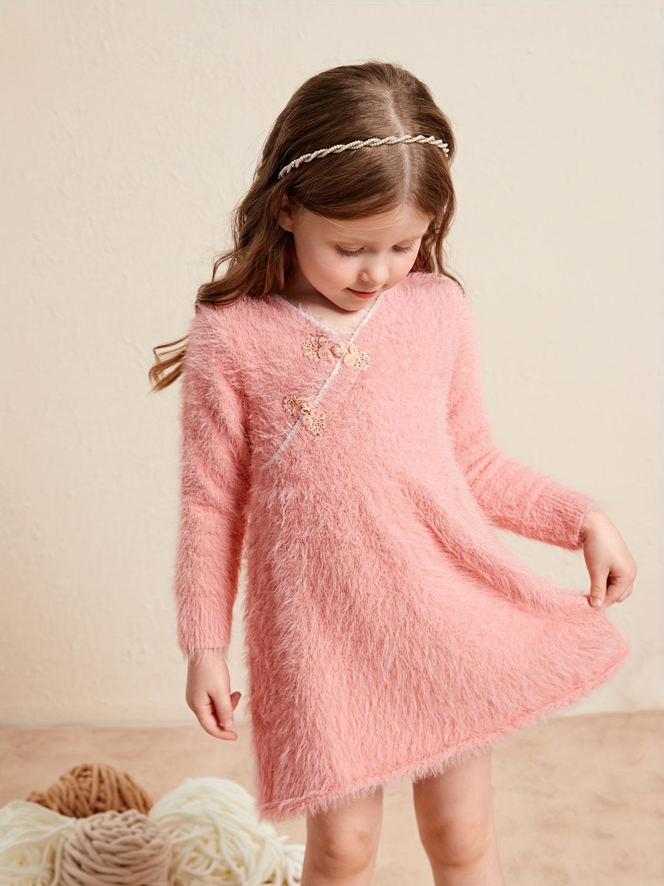 Girls V Neck Knitted Dress Long Sleeve Casual Dress Kids Spring Fall