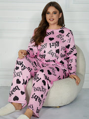  Heart & Letter Print Pajamas Set Long Sleeve Tee & Pants 2 Piece Set