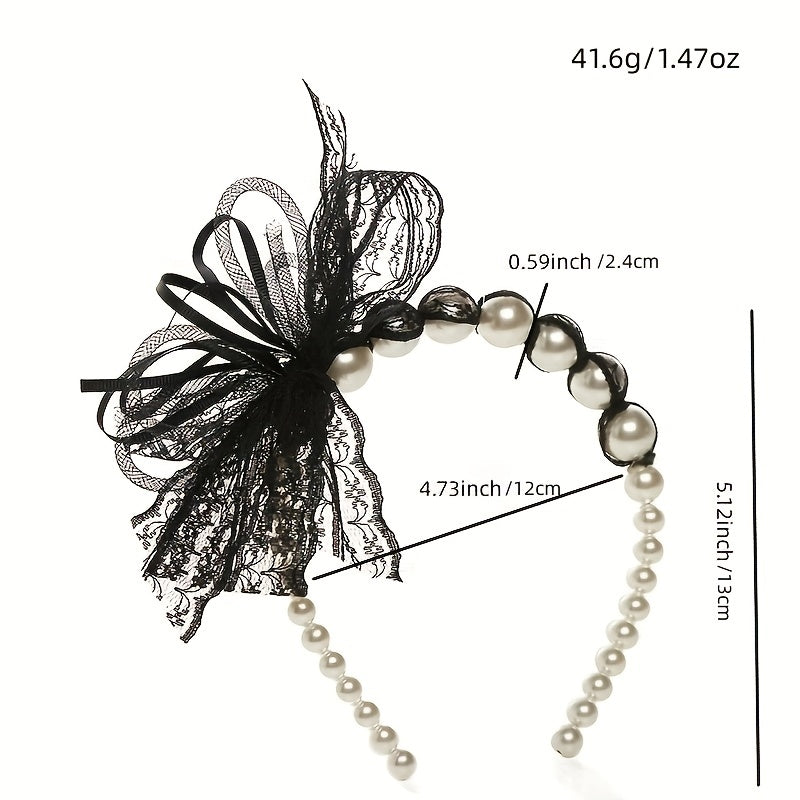 Lace Bow Headband Faux Pearl Hair Band for Women