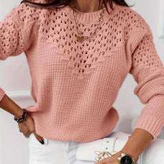  Casual Sweater Solid Hollow Out Round Neck Jumper