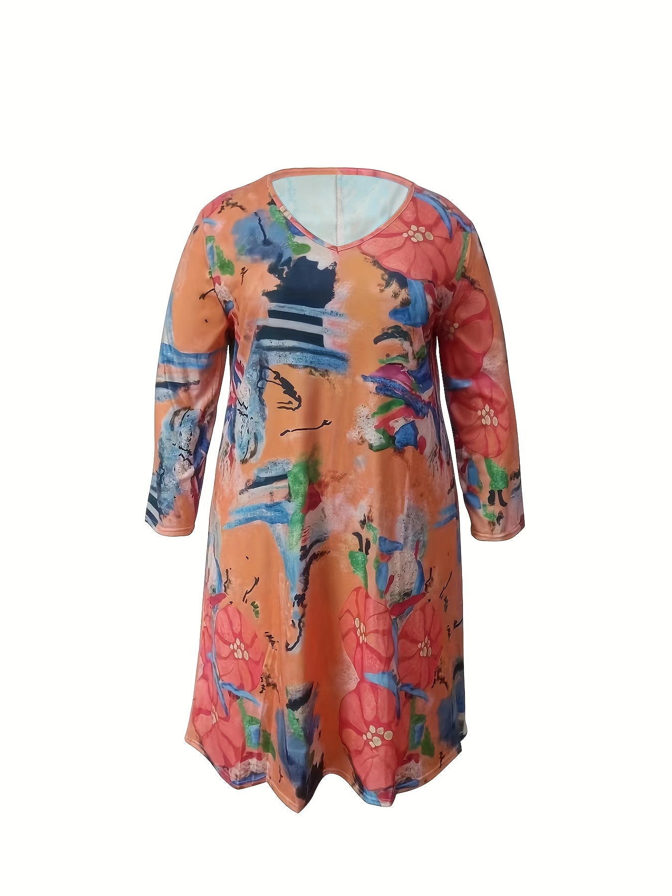  Casual Dress Women's Random Print Long Sleeve V Neck Dress