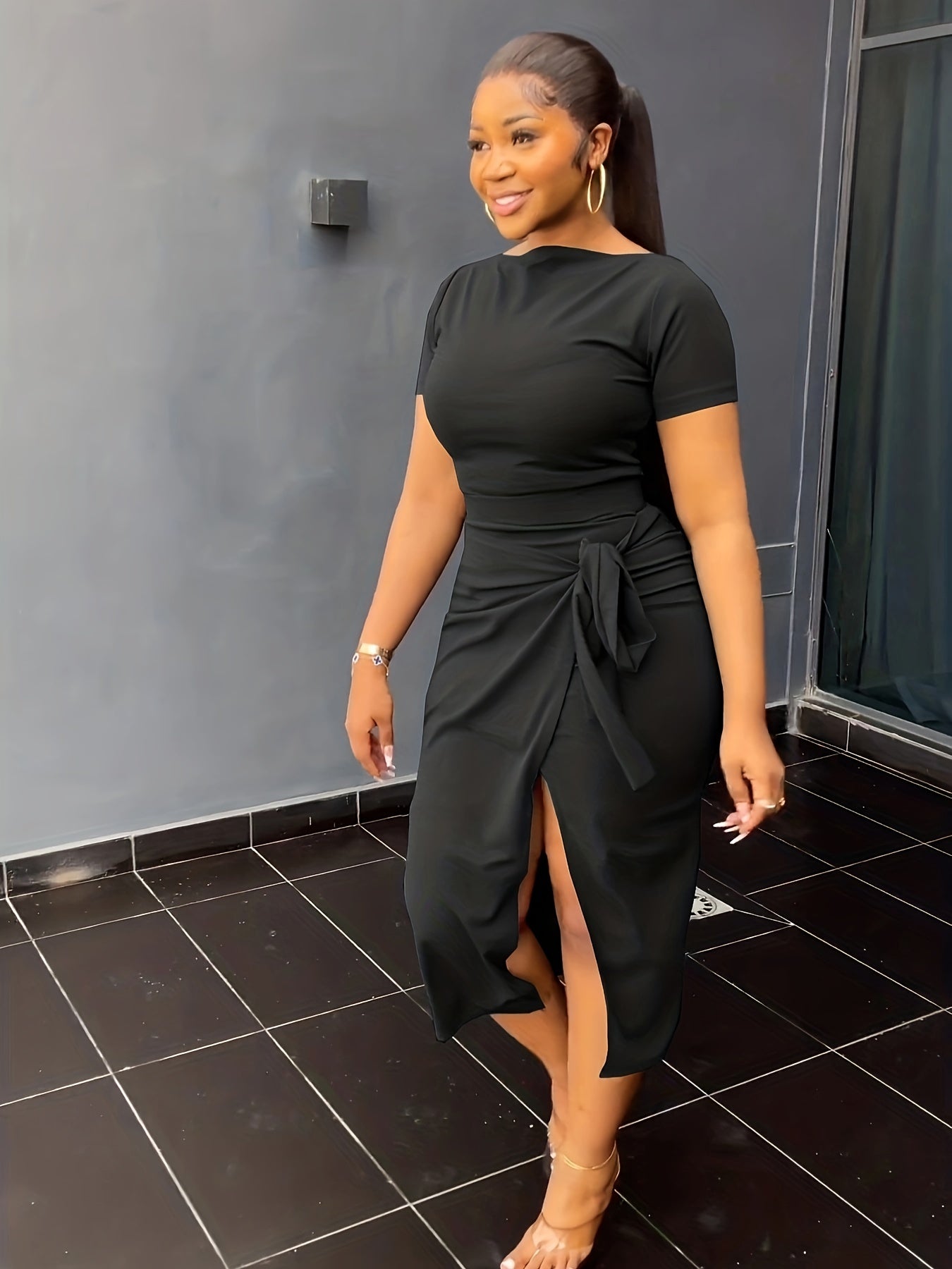 Casual 2pc Short Sleeve Top & Split Skirt Set