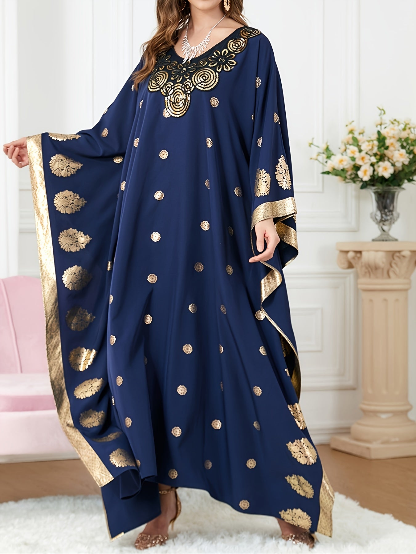  Golden Tribal Print Kaftan Dress V Neck