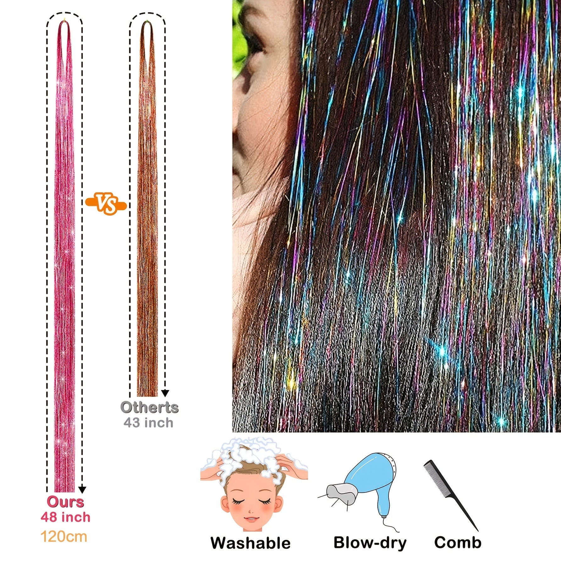 Sparkling Hair Tinsel Strands Kit - 12 Colors - 44cm - Highlights Extensions