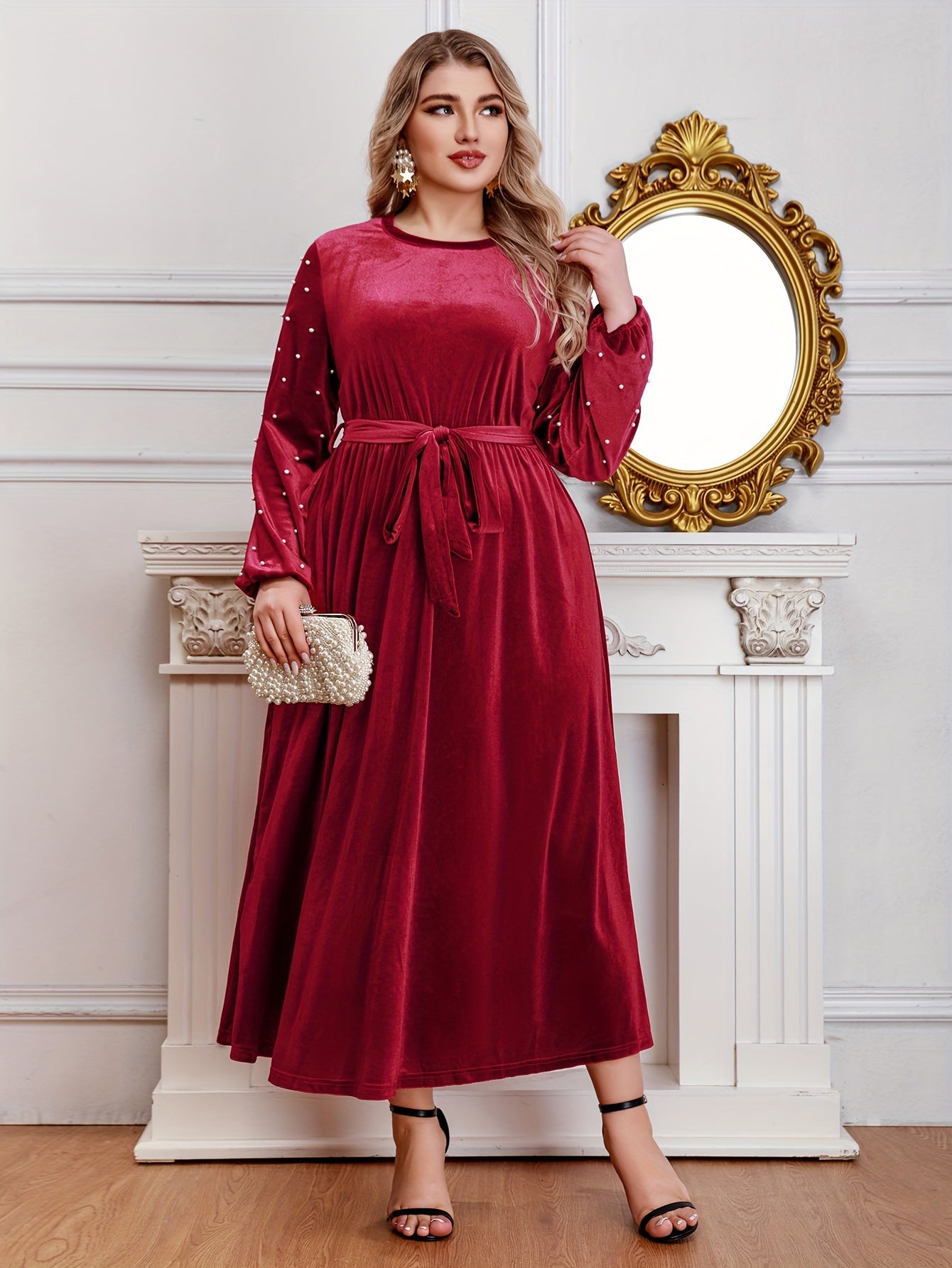  Velvet Maxi Dress with Lantern Sleeves and Belt