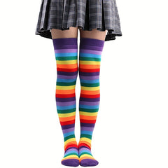 Rainbow Striped Thigh High Socks Cosplay Colorblock Over The Knee Socks