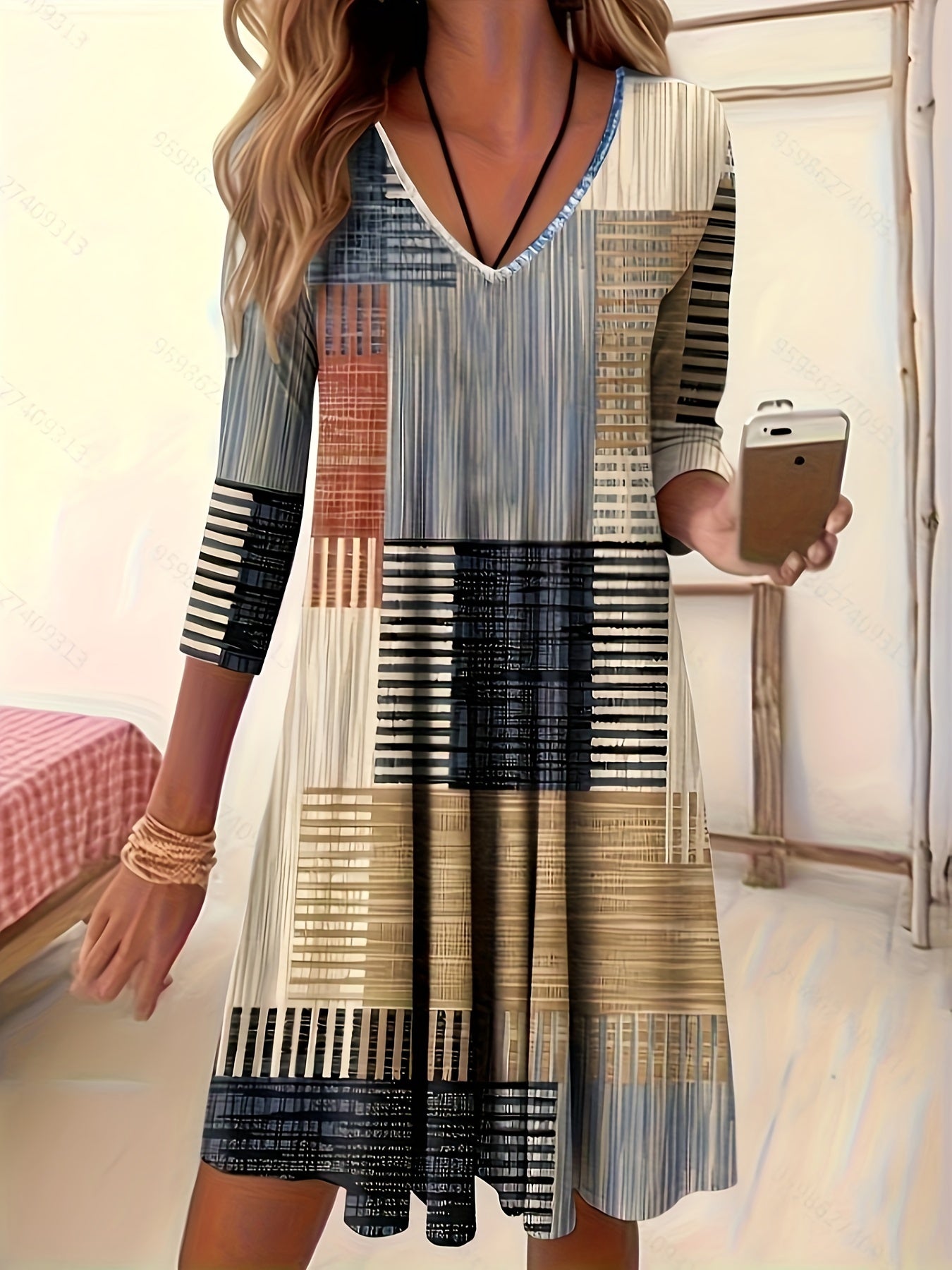  Patchwork Print Long Sleeve V Neck Mini Dress