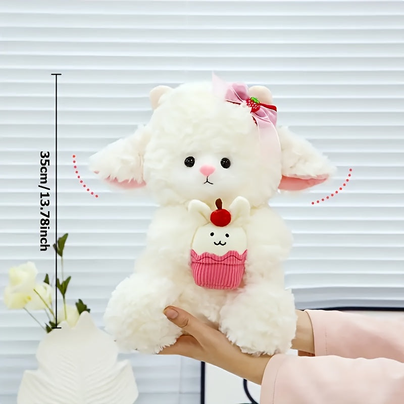 Soft Lamb Plush Toy with Red Bow & Cupcake Stuffed Animal