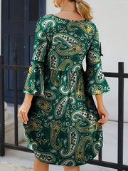  Boho Paisley Print Bell Sleeve Dress