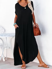 Short Sleeve Maxi Dress Crew Neck Side Slit Casual Dress Summer Spring