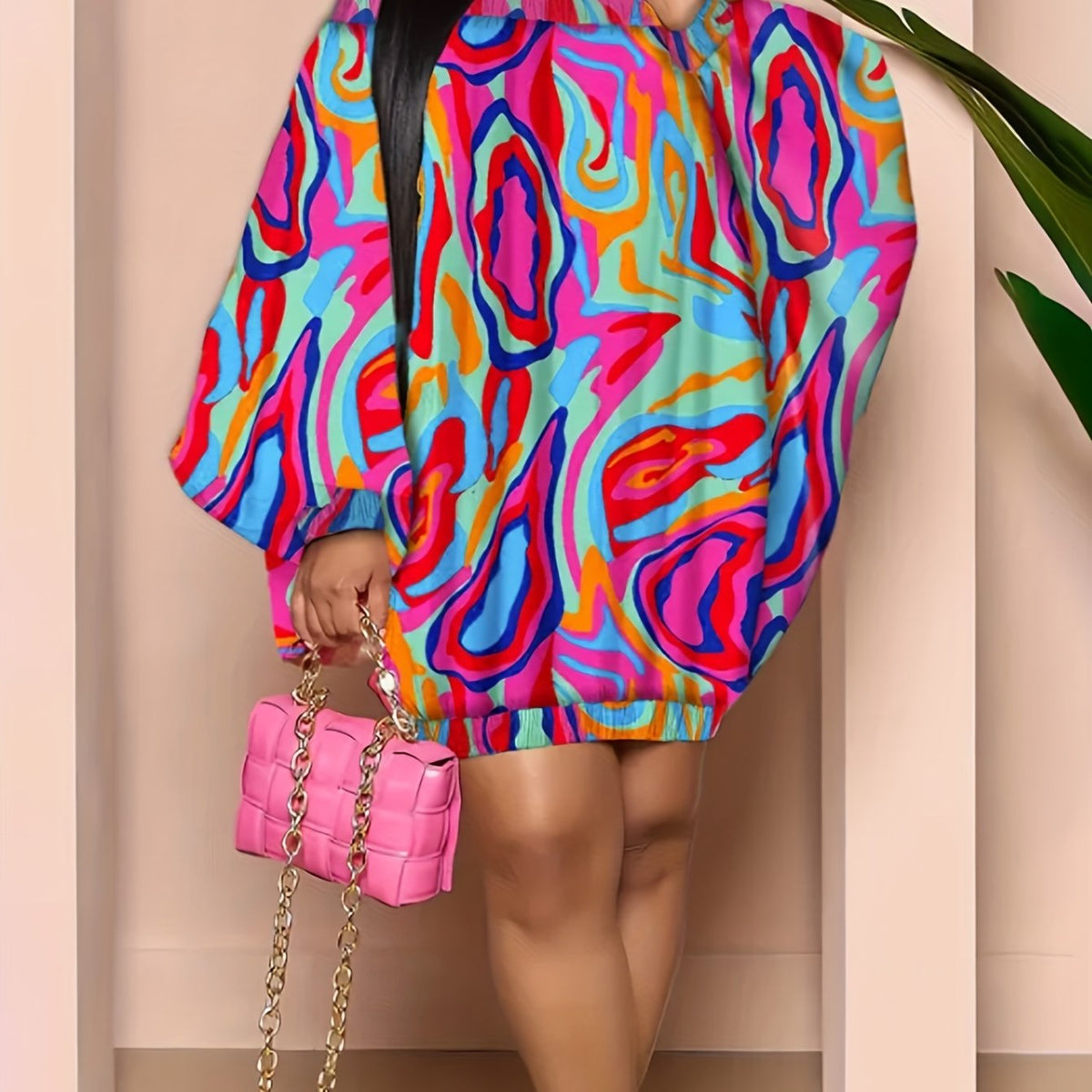Abstract Print Lantern Sleeve Off Shoulder Dress
