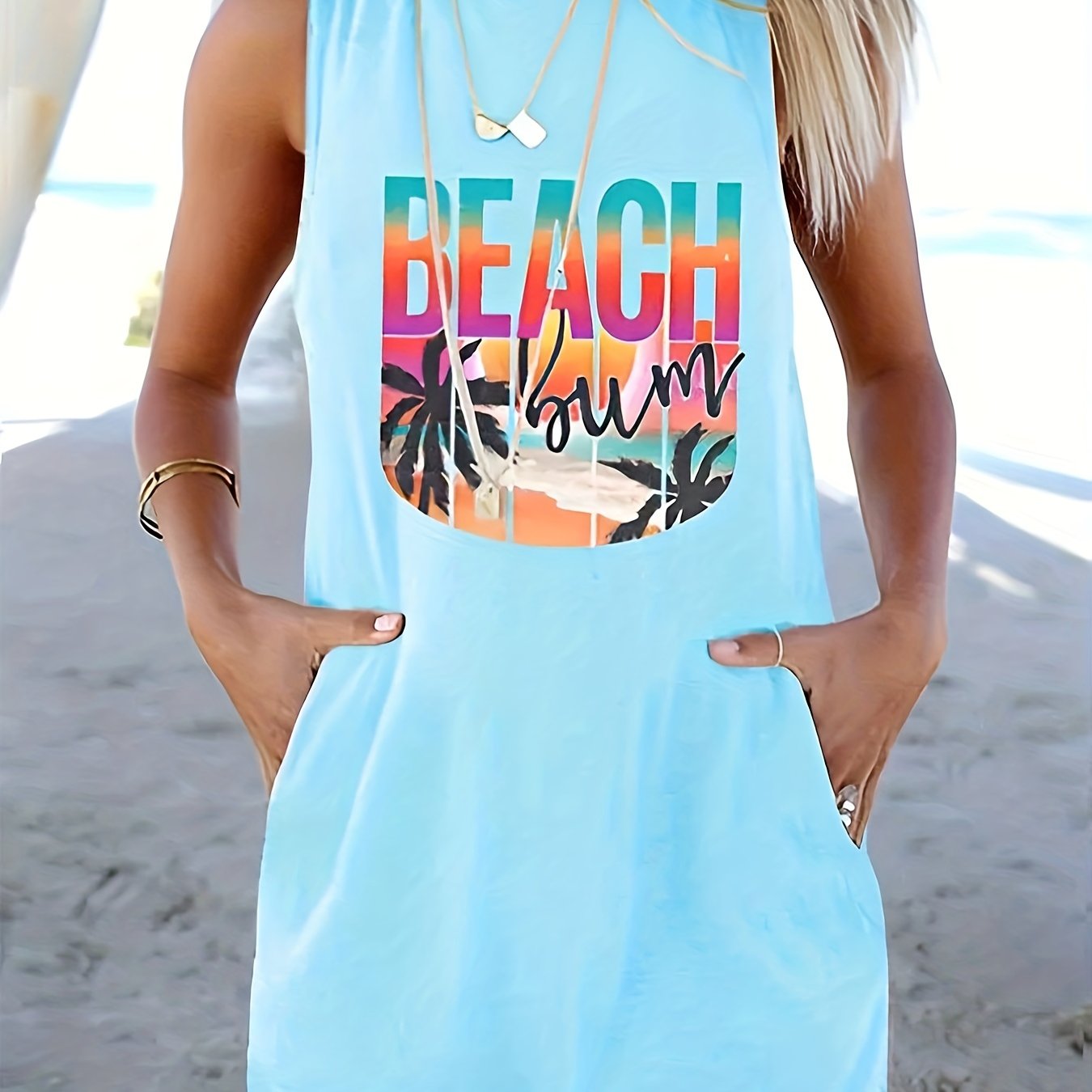  Beach Print Tank Dress With Pockets