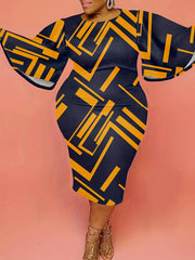  Geometric Print Round Neck Bodycon Midi Dress