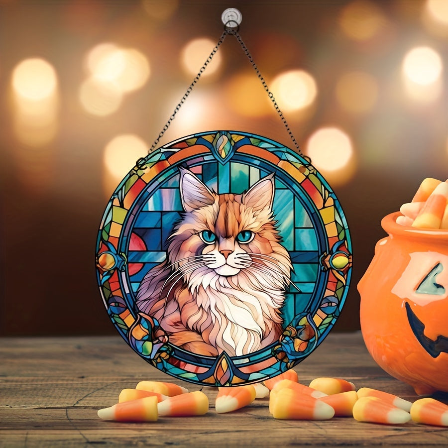 Halloween Cat Painted Glass Panel Home Decor