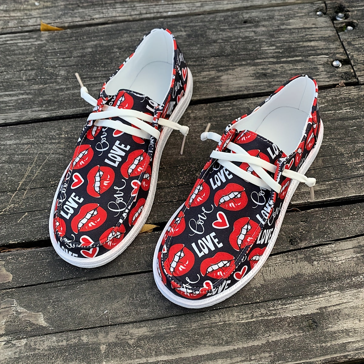 Love Print Boat Shoes Lightweight Low Canvas Shoes For Women