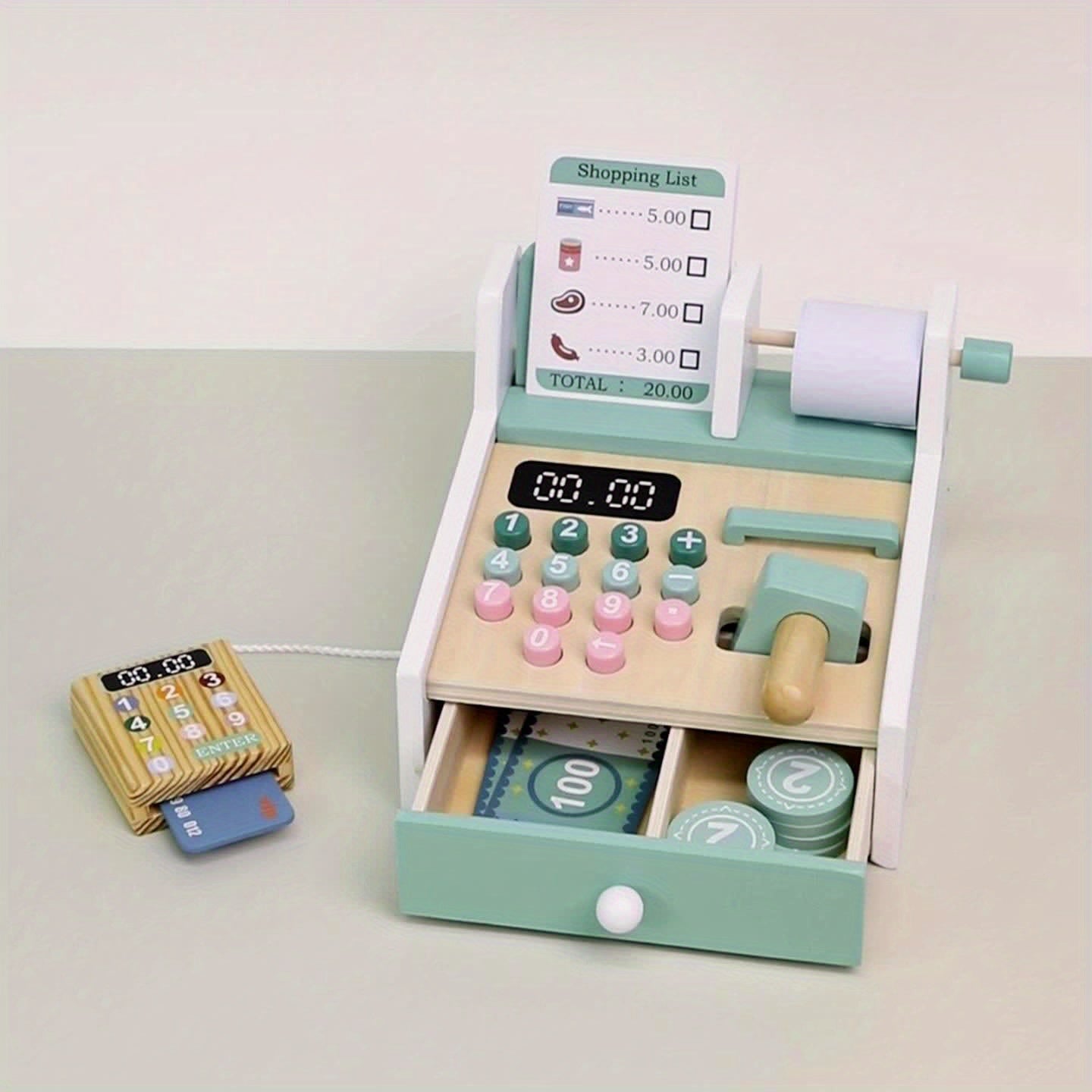 Wooden Toy Cash Register for Kids with Money Recognition and Arithmetic