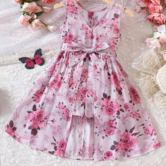 Girls V neck Flowers Graphic Belted Skirt Rompers