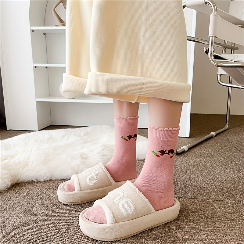 5 Pairs Geometric & Cartoon Pattern Socks Comfy Thickened Mid Tube Stockings
